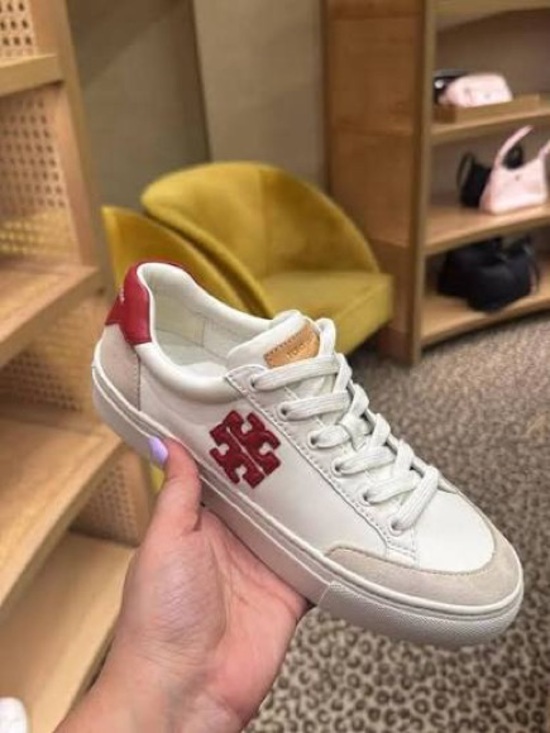 Tory Burch Shoes - Tory Burch White Leather Sneakers with Red Logo Accent